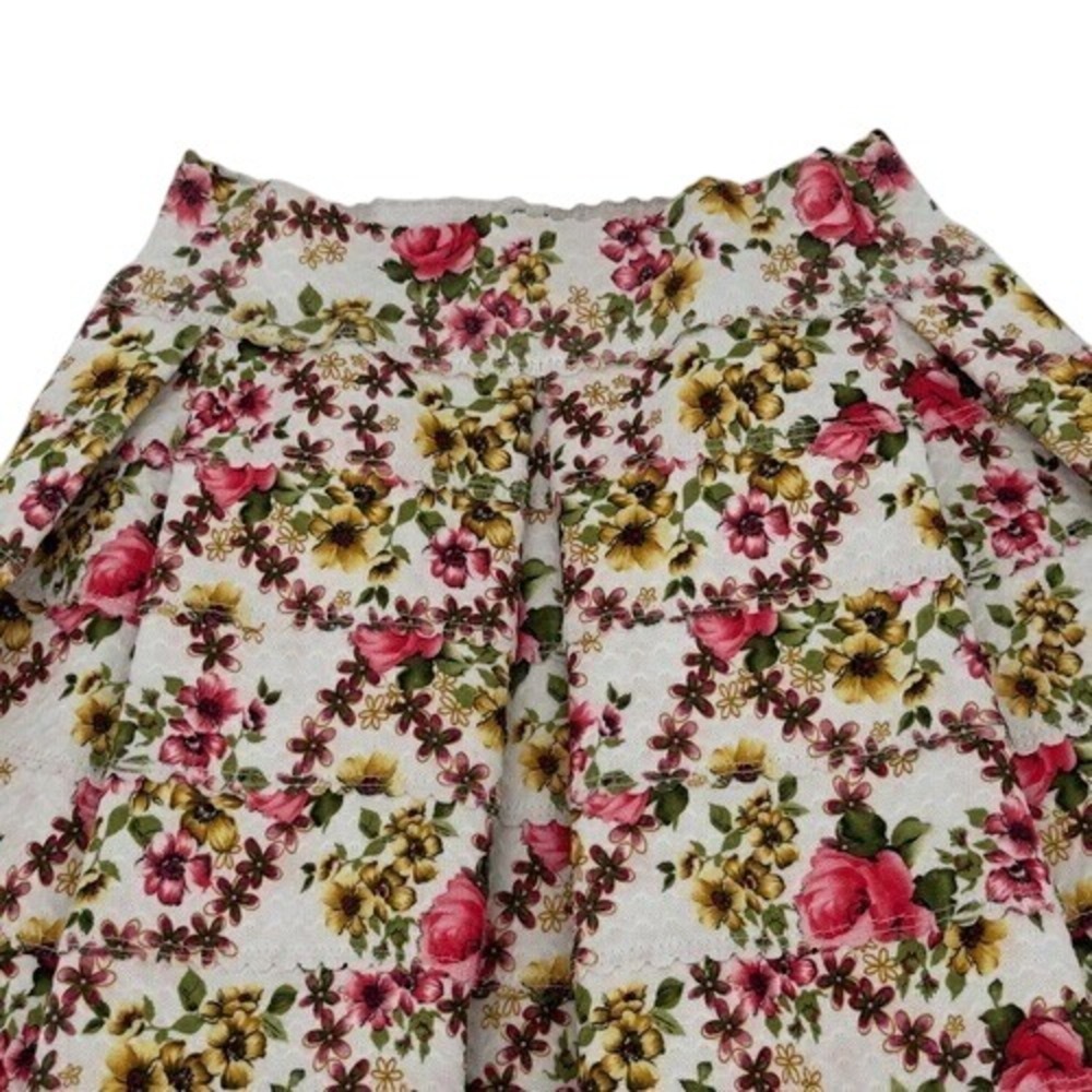 Aqua Floral Tapestry Lace Pleated Mini Skirt Pink Yellow Roses Size S - Picture 2 of 8